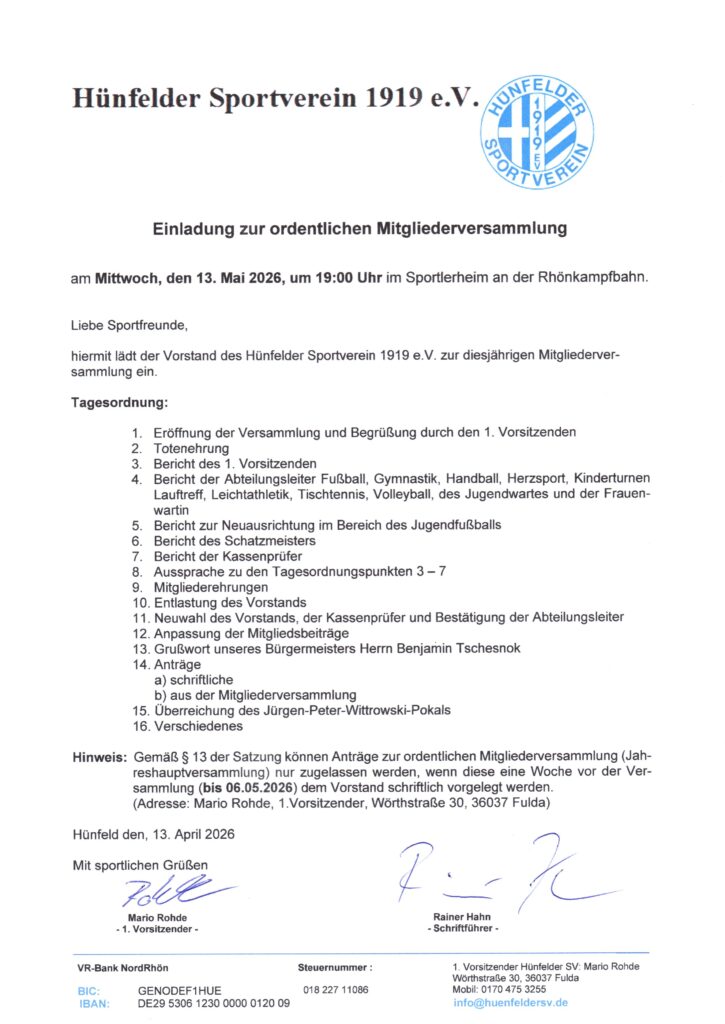 Einladung zur Mitgliederversammlung am 13. Mai 2026 um 19:00 Uhr im Sportlerheim an der Rhönkampfbahn